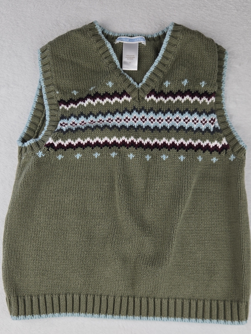 Janie and Jack Boys Sleeveless V-Neck Sweater Size 5 Olive Burgundy Blue